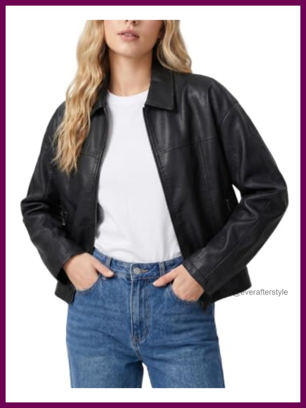 Faux Leather Jacket Women Zip Up Collared Bomber Moto Biker